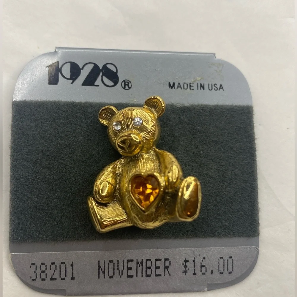 1928 Gold-Tone Teddy Bear Brooch with Amber Heart Crystal